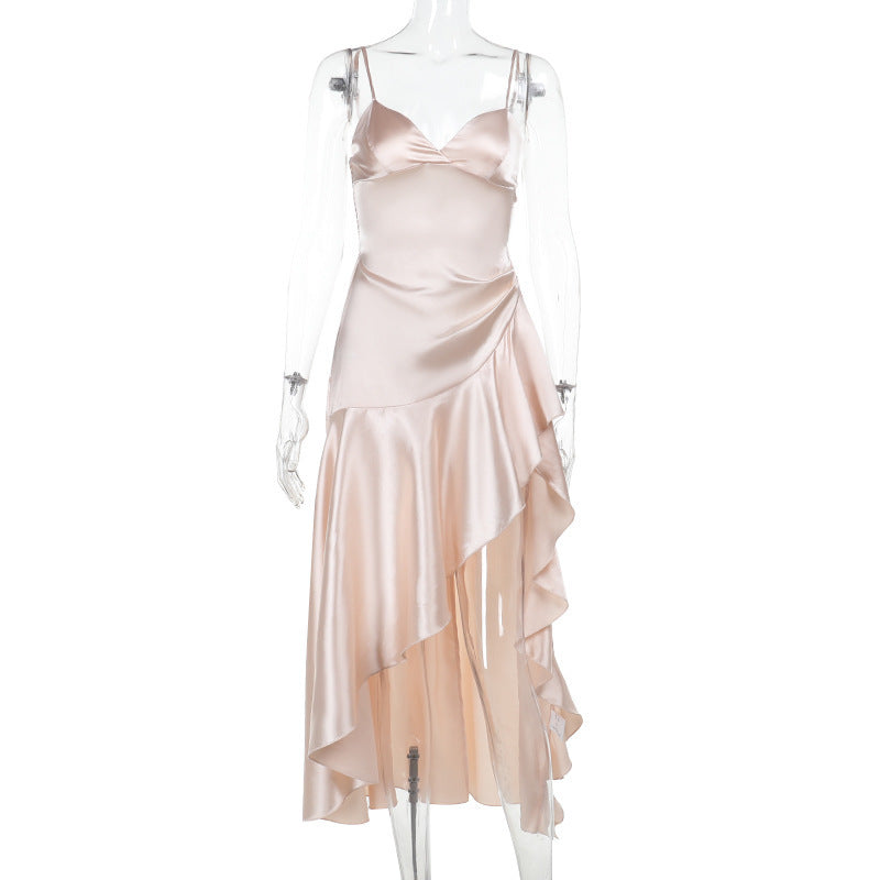 V-neck Asymmetric Ruffled Side Slit Sling Dress